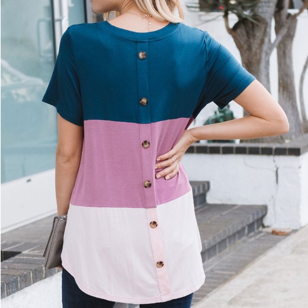 Teal & Mauve Color Block Button-Back V-Neck Tee - - image 2